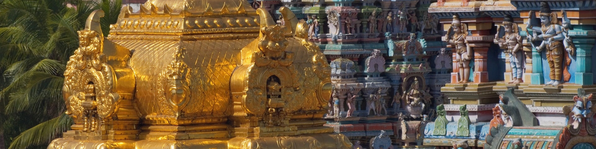 India, Madurai, Sri Meenakshi Temple, carvings and gold roof, close-up