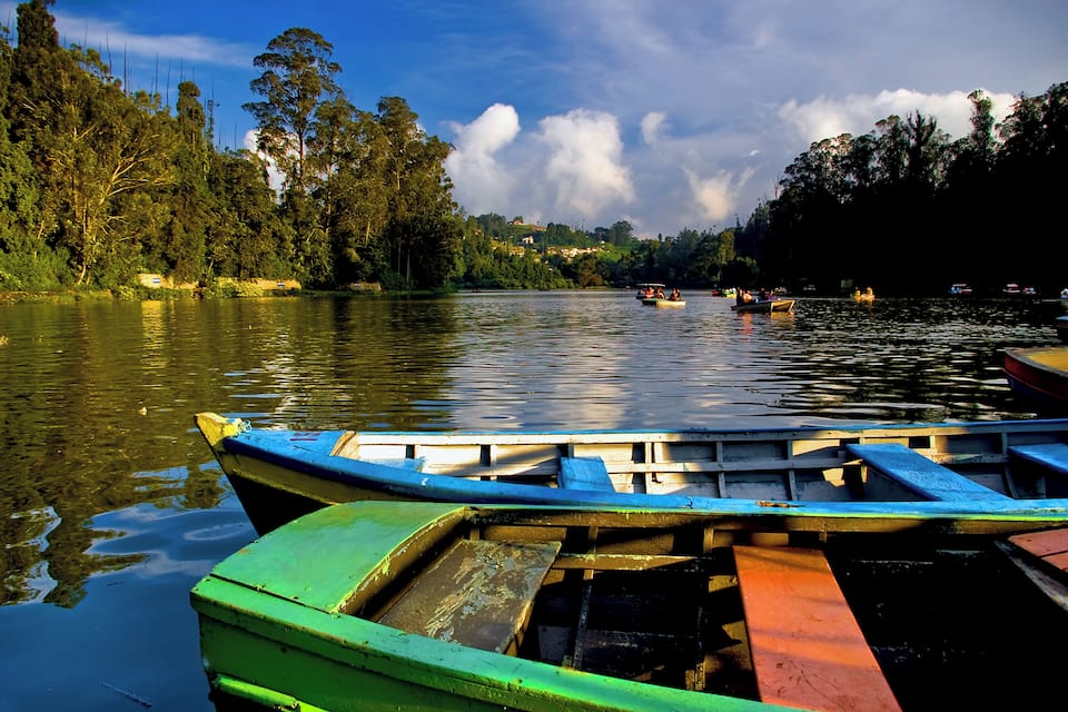 A calm river with boats docked on the shore, surrounded by dense trees and a clear sky.