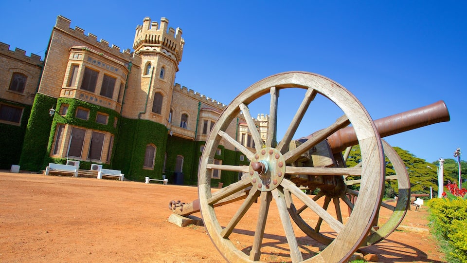 A large cannon in front of a castle with a green ivy-covered wall.