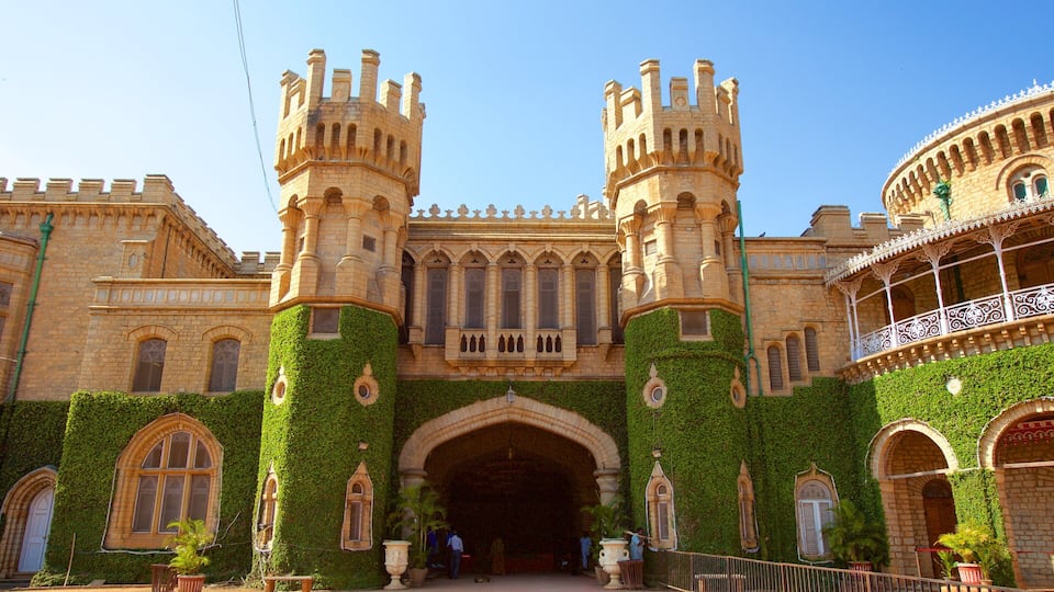 A castle-like building with towers, arched windows, and ivy-covered walls.