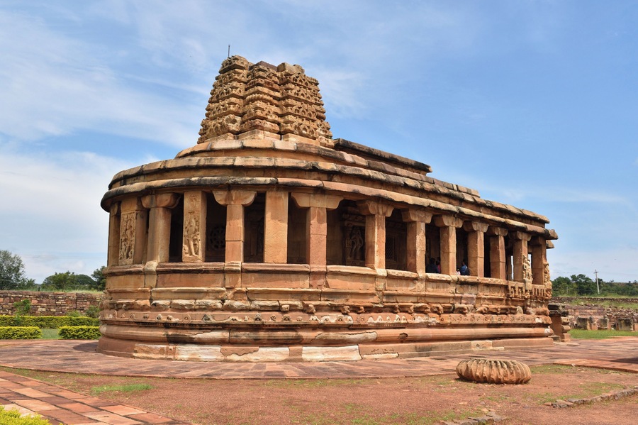 The temples at Aihole were built by the Chalukya kings in the late 7th century and this one is dedicated to goddess Durga.