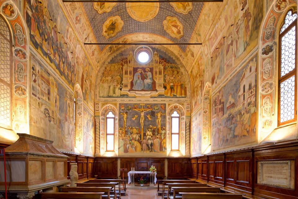 An ornate church interior with detailed frescoes, wooden pews, and a central altar.