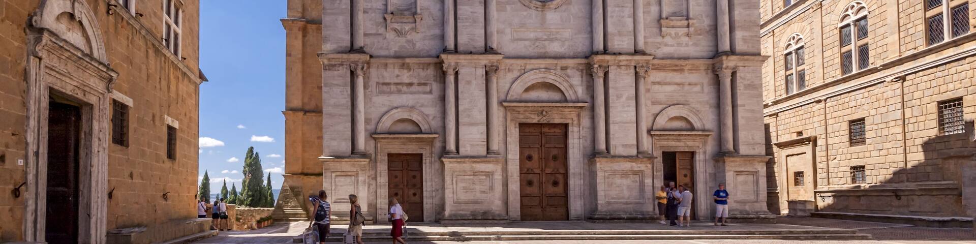 Pienza square of cathedral Tuscany, Italy.