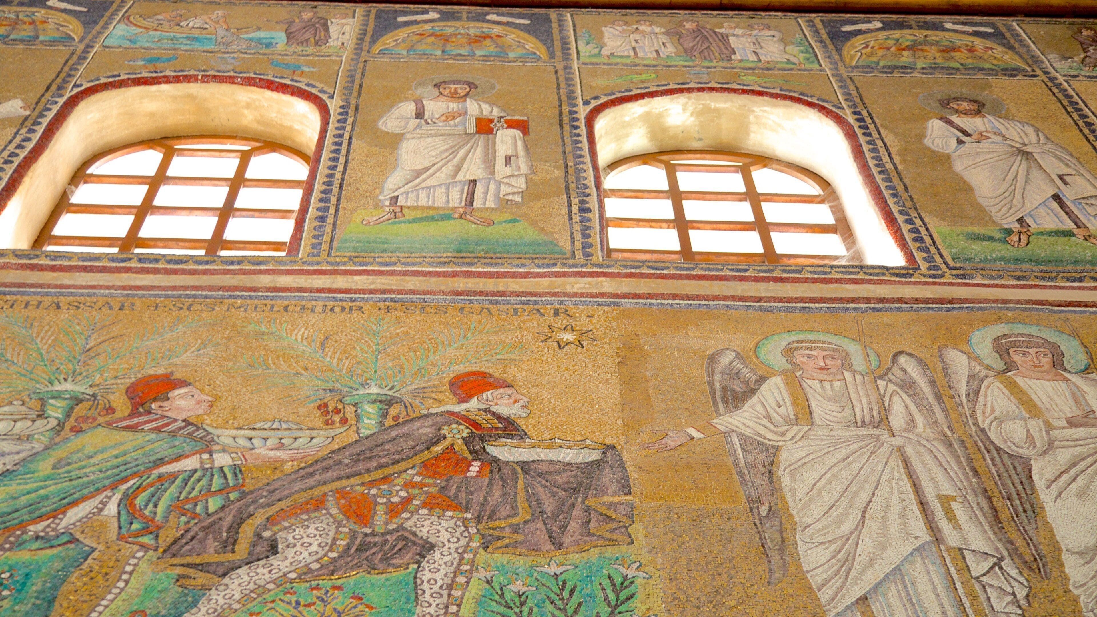 A mosaic with religious figures and architectural elements.
