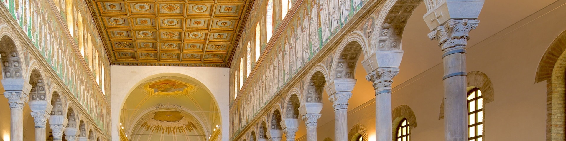 Basilica of Sant\' Apollinare Nuovo showing religious aspects, interior views and a church or cathedral