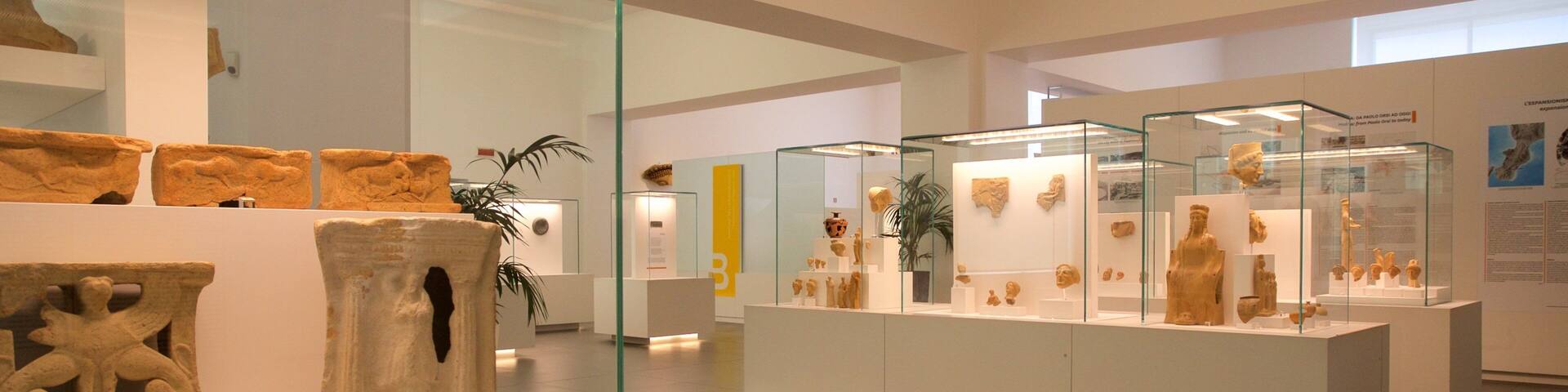 Un museo en interiores con vitrinas de vidrio que exhiben artefactos antiguos.