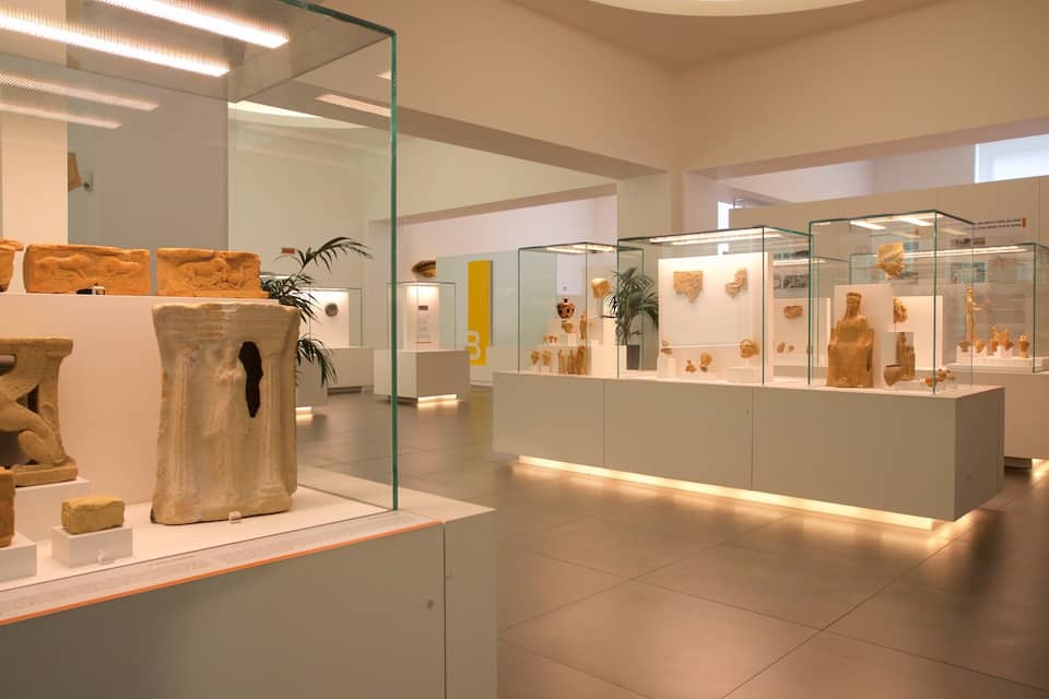 An indoor museum with glass display cases containing ancient artifacts.