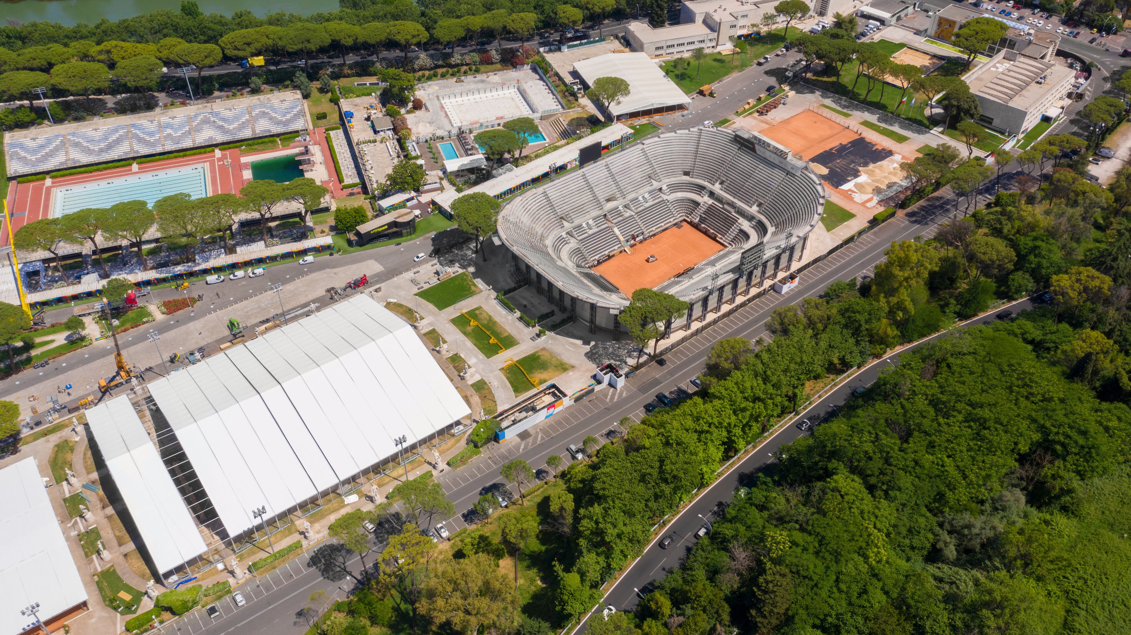 Aerial view of the tennis stadium of Rome, Italy. It is the central tennis court of the sports complex of the Foro Italico in Rome, where the finals of the city tournament are played.