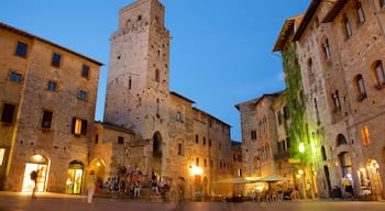 Piazza della Cisterna som viser historisk arkitektur, kaféstil og nattbilder