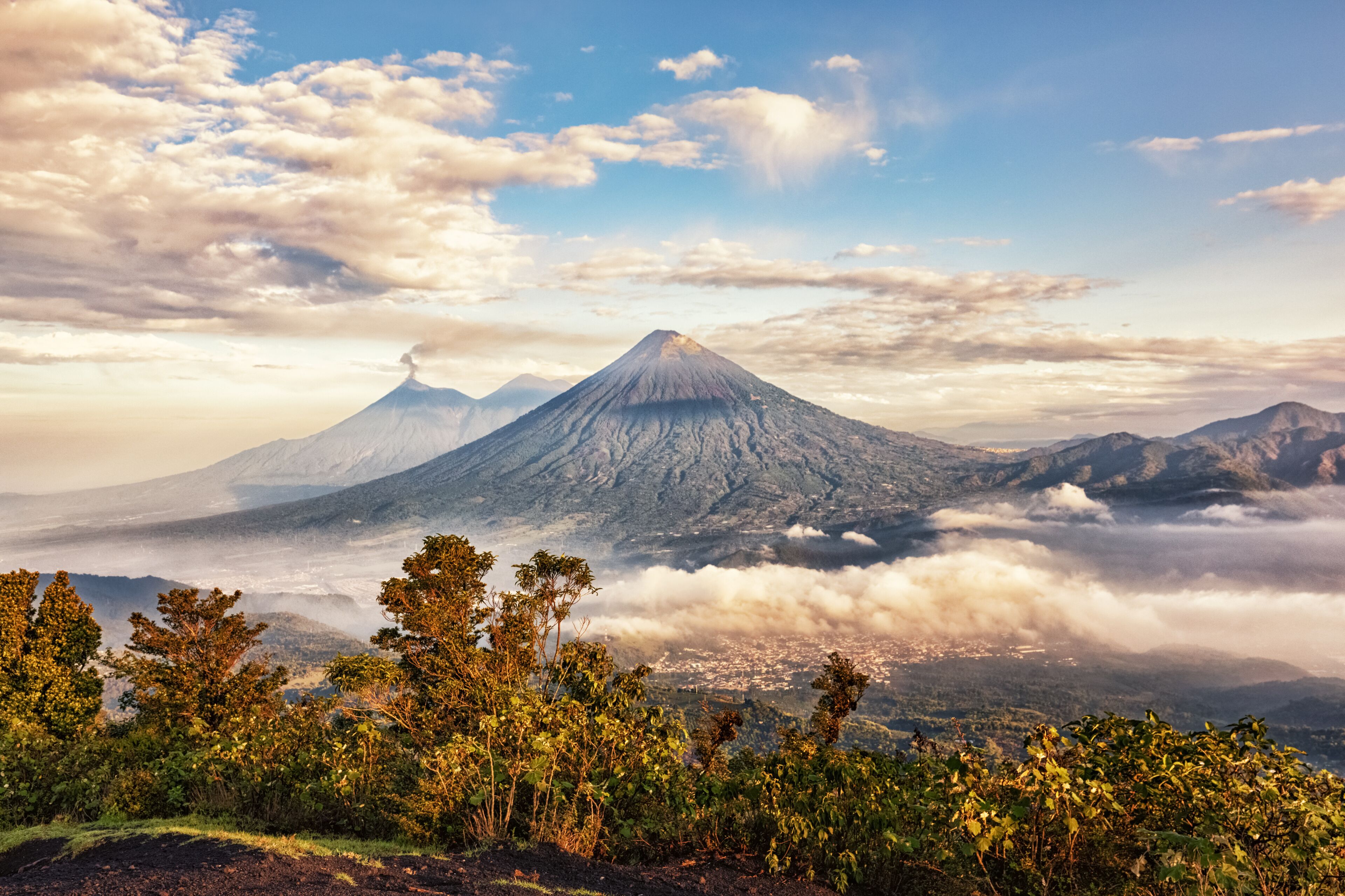 Volcanoes Fuego (active), Acatenango and Agua, View from Pacaya, Guatemala
