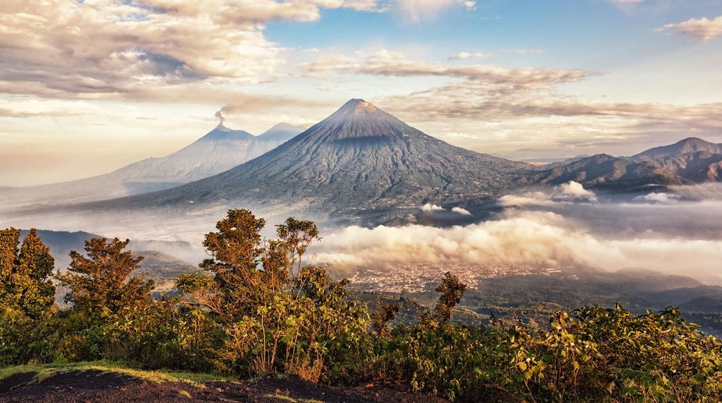 Volcanoes Fuego (active), Acatenango and Agua, View from Pacaya, Guatemala