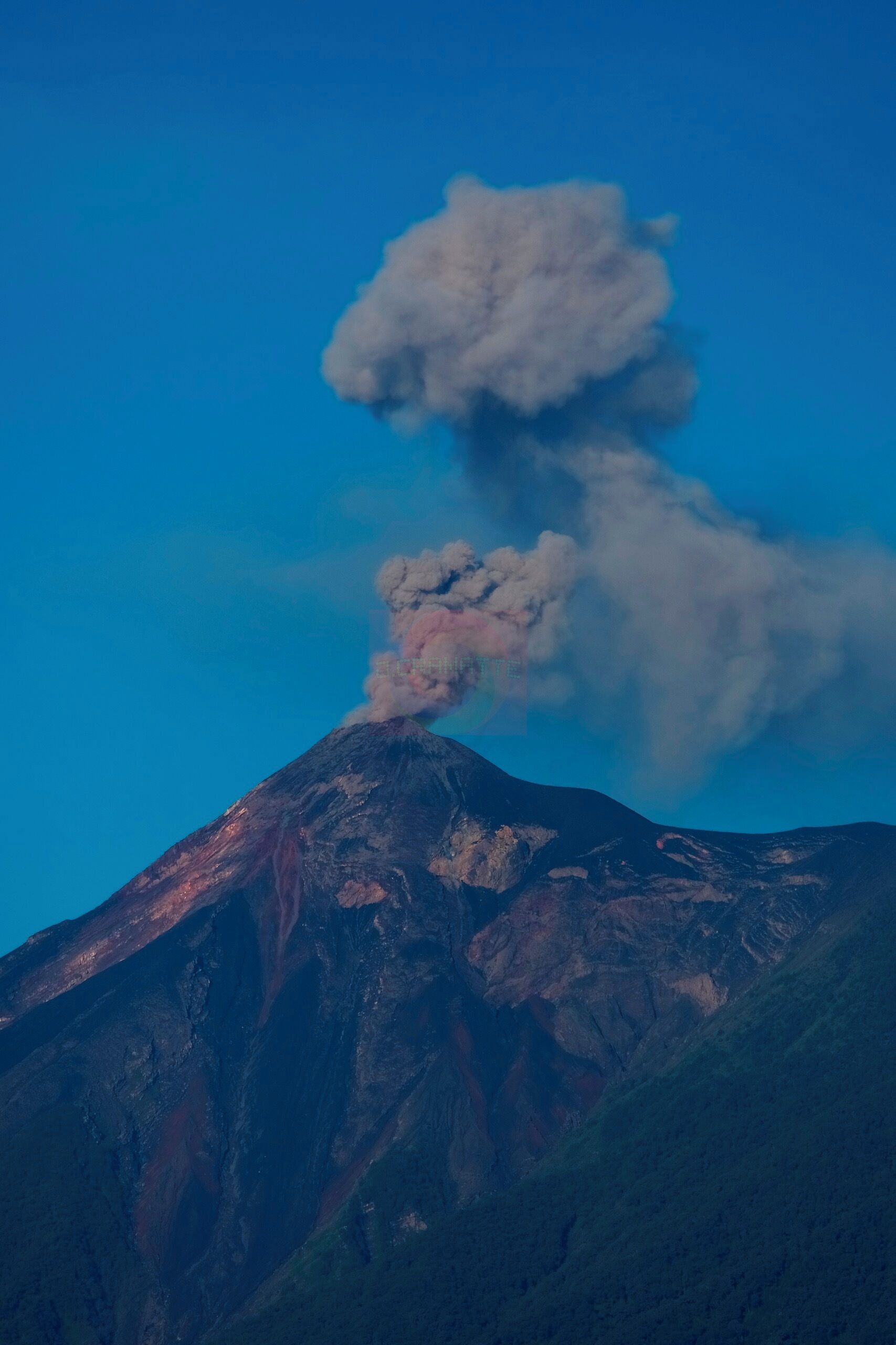 Vue du volcan de Fuego depuis le toît de ma maison à Antigua 