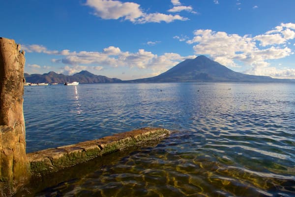 Atitlan Volcano showing general coastal views, a bay or harbour and mountains