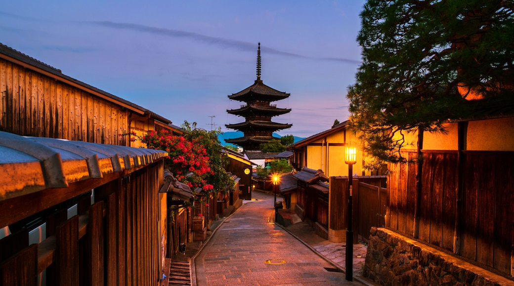 Kyoto, Japan. A night view of To-ji temple and a row of old japanese shops and houses in Kyoto, Japan., Shutterstock ID 1216640743, Purchase Order: SP-1506 Go Guides, Order Number: , Client/Licensee: