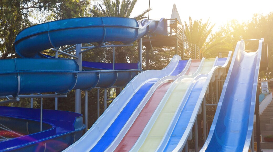 Water slide for summer fun. Three large water slides different colors near the pool