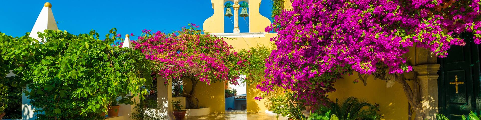 A courtyard with a bell tower, vibrant bougainvillea, and potted plants.