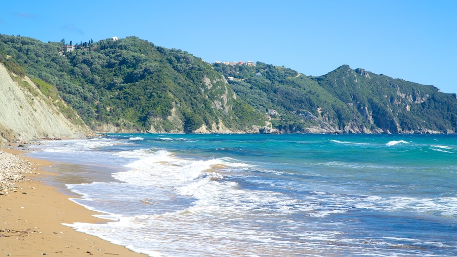 Arillas Beach showing landscape views and a sandy beach