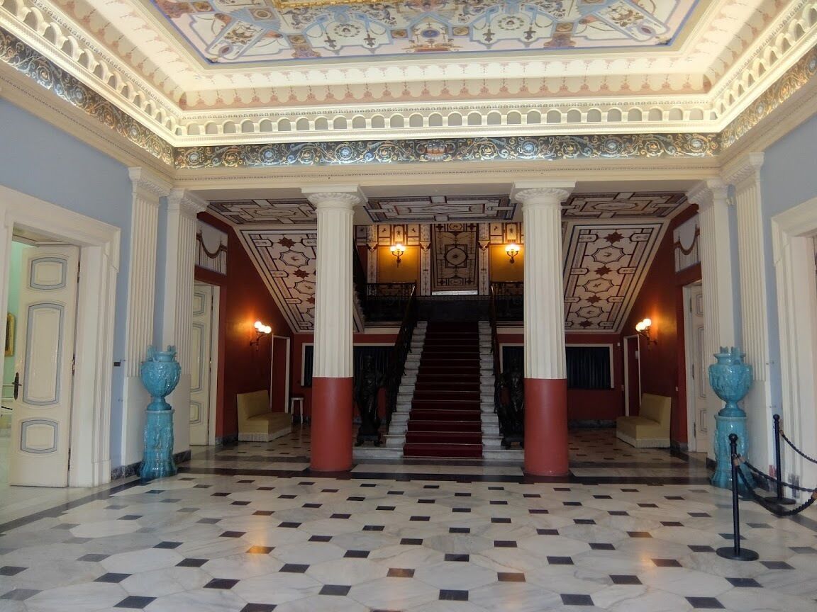 The famous Achilleion was once the summer residence of Elisabeth, Empress of Austria (better know as Sissi). If you plan to visit, go early. It can get very crowded and parking is a nightmare. 
Here you see the entrance hall.