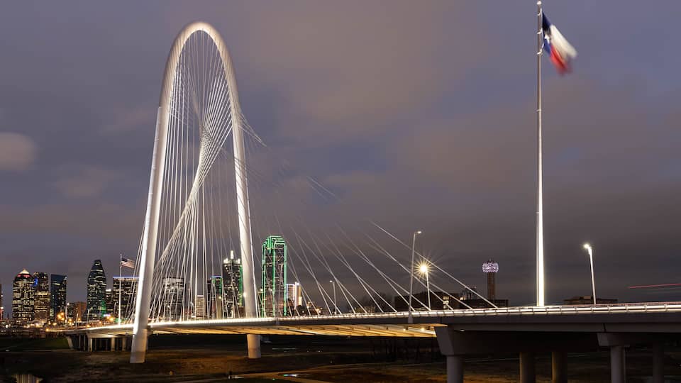 A cable-stayed bridge with a city skyline in the background.