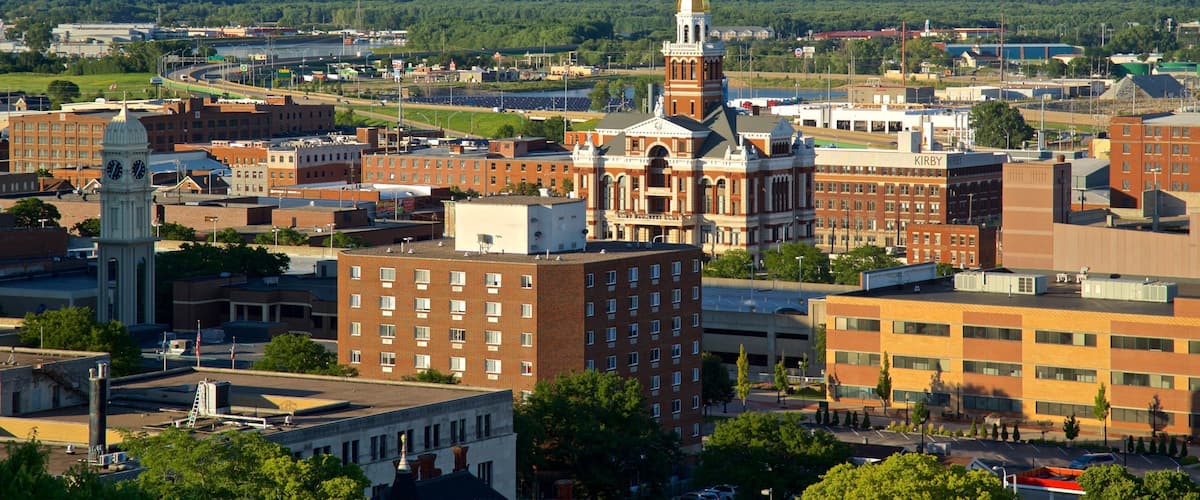 A cityscape with a prominent clock tower, a large red building with a dome, and a river in the background.