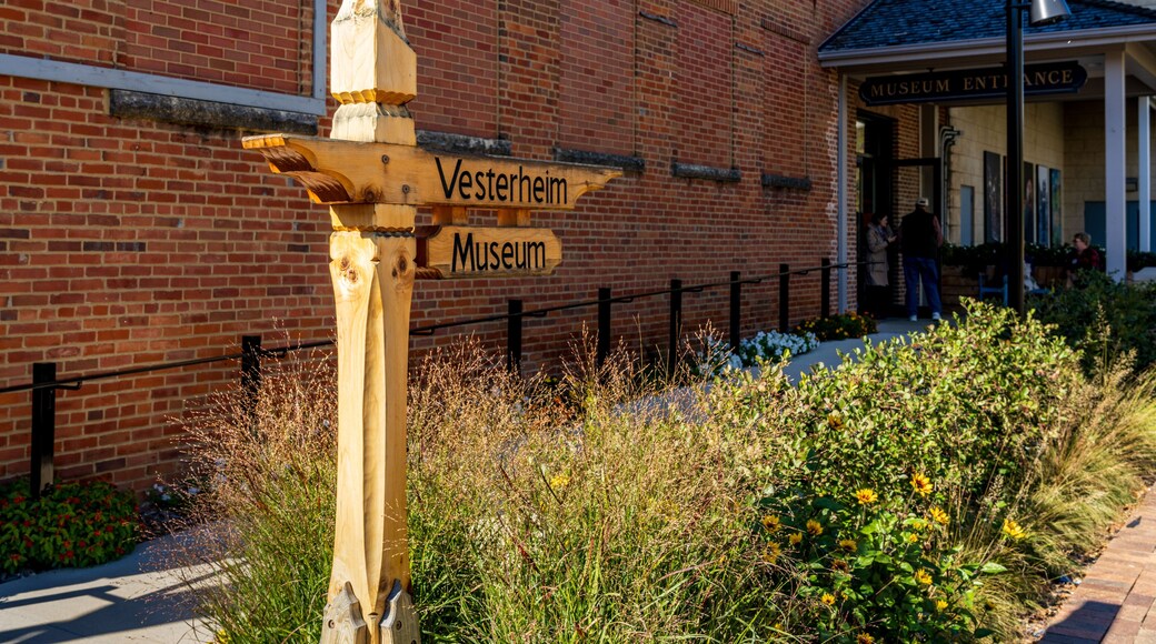 Sign to entrance of main building of the Vesterheim Norwegian American Museum on the town main street in Iowa