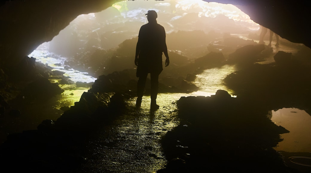 Silhouette of Figure in Dark Foggy Cave with River