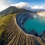 Aerial view of beautiful Ijen volcano with acid lake and sulfur gas going from crater, Indonesia