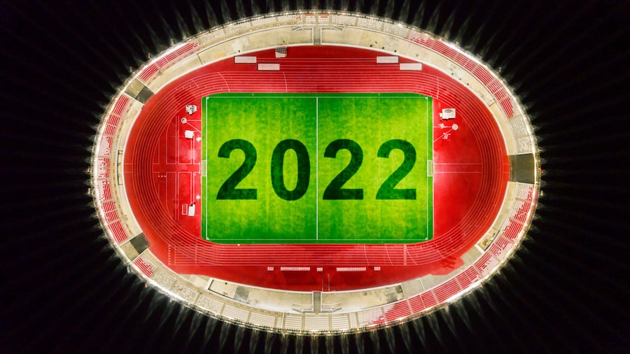 Top view of football field with number 2021
