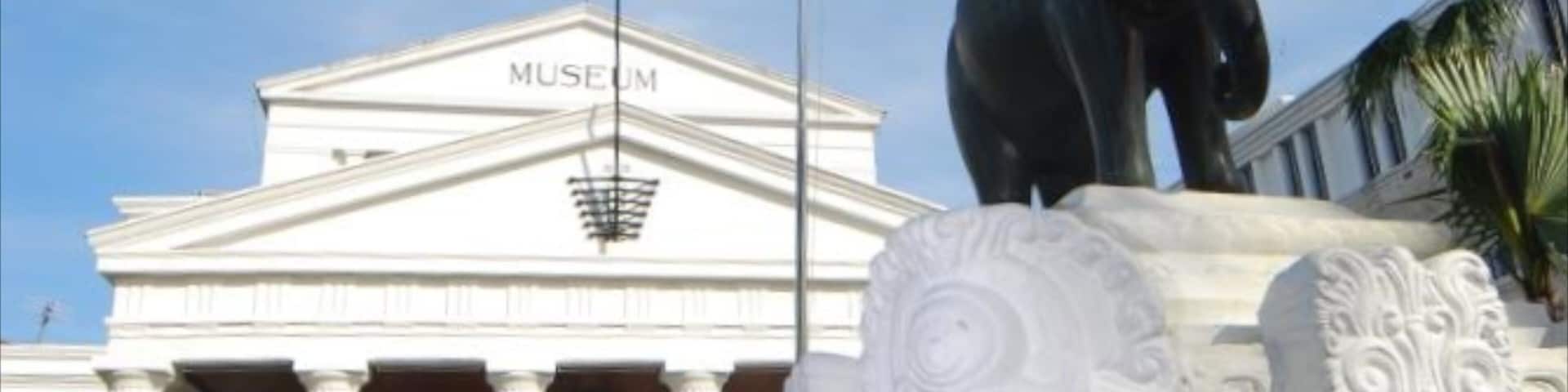 Um museu com uma estátua de elefante em frente.