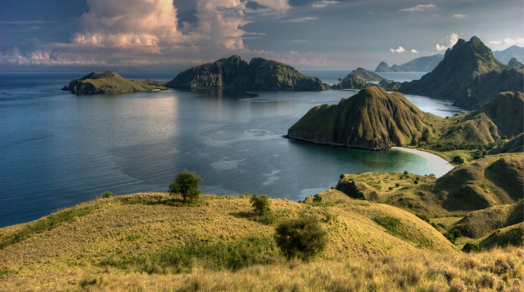View of the south end of Padar Island, population: 3 park rangers, part of the Komodo archipelago, in the late afternoon from a viewpoint along a half day trek around the island.