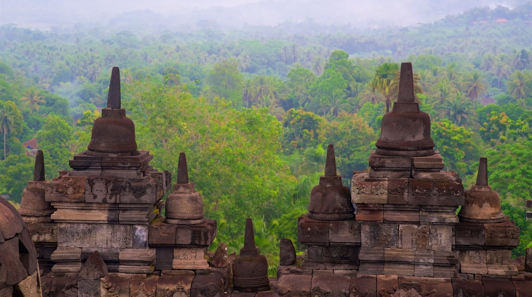 Templo de Borobudur caracterizando cenas tranquilas, elementos de patrimĂŽnio e paisagem