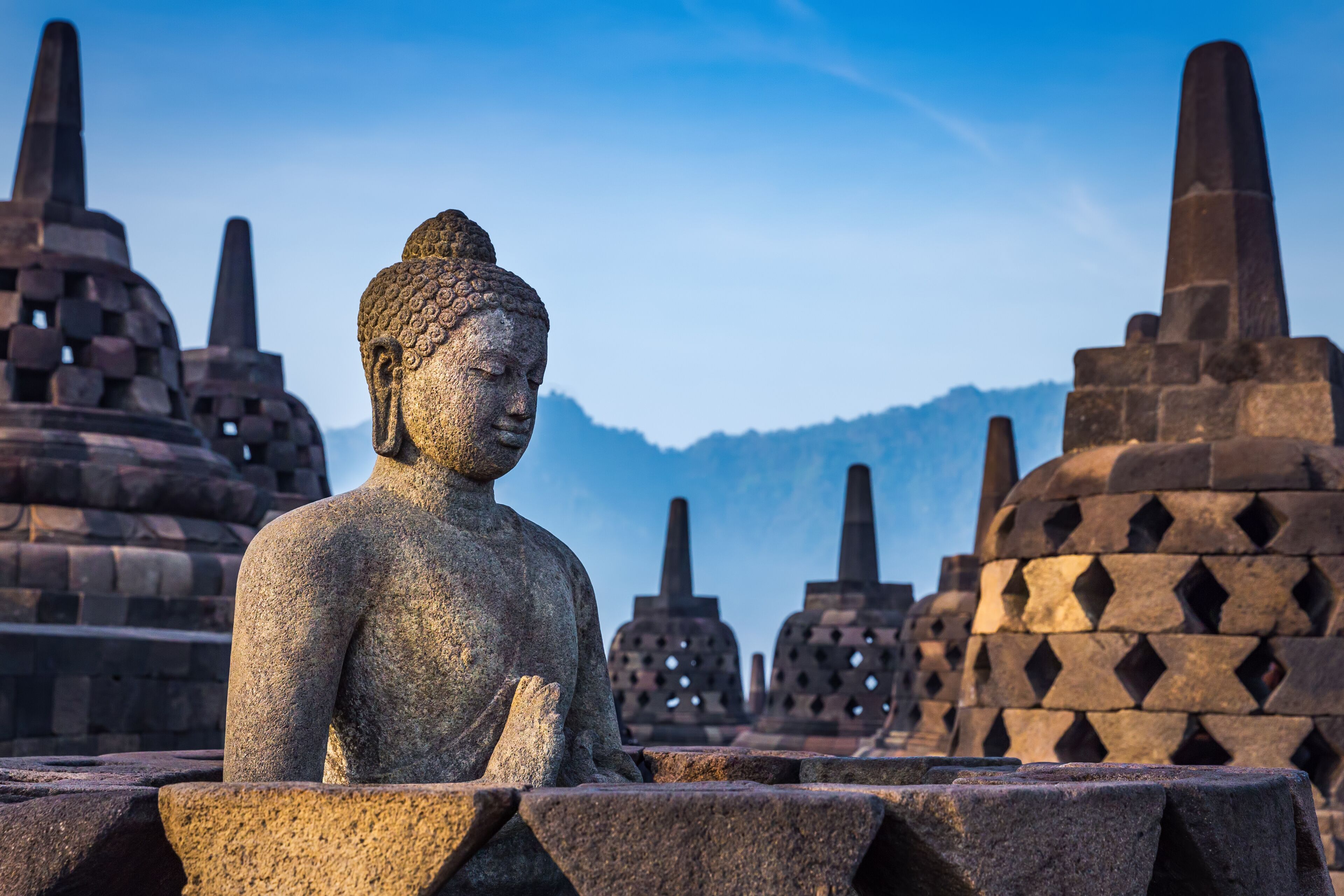 Buddha statue in Borobudur Temple, Java island, Indonesia.