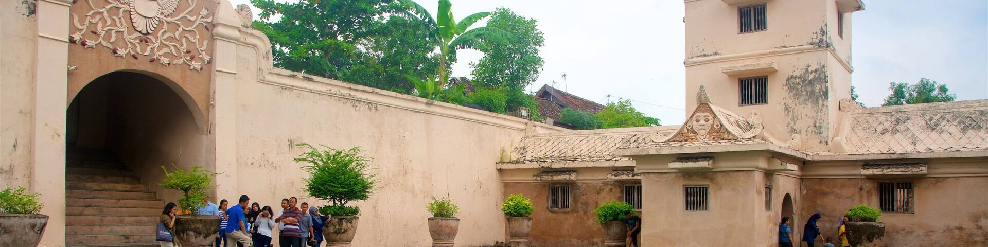 Water Castle which includes heritage architecture and a pool as well as a small group of people