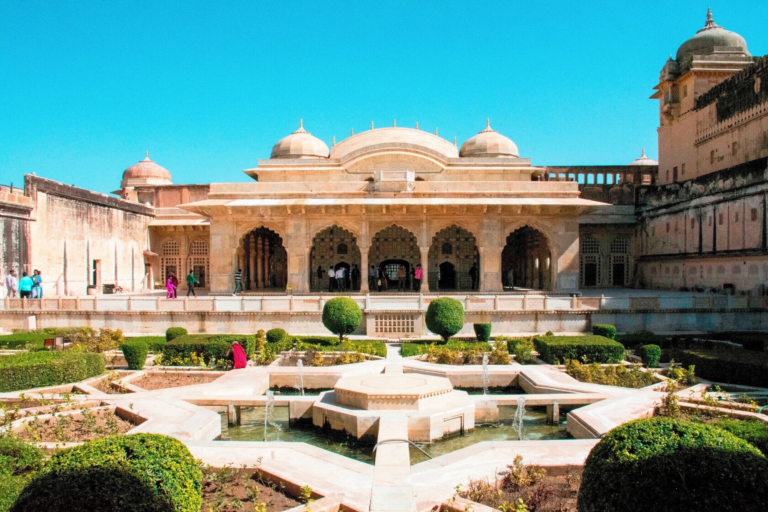 The Diwan-i-Khas, or Hall of Private Audience, at the Amber (or Amer) Fort, Jaipur. This pavilion, covered in intricate mirrors, glass, and stone work, was where rajas met with special guests, such as other rulers or their envoys. They met the general public at the larger Hall of Public Audience in a more accessible area of the fort/palace.
