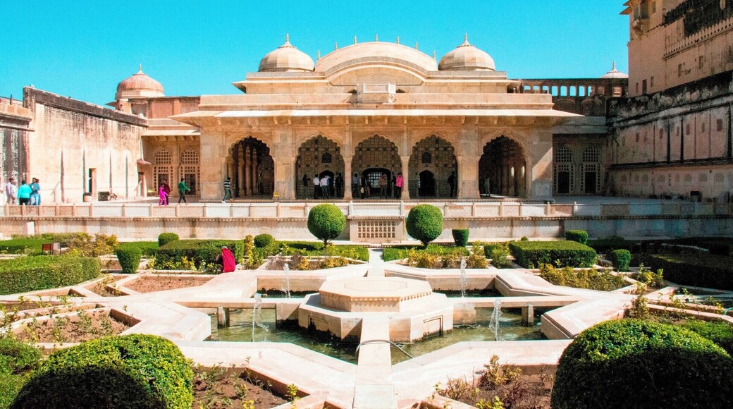 The Diwan-i-Khas, or Hall of Private Audience, at the Amber (or Amer) Fort, Jaipur. This pavilion, covered in intricate mirrors, glass, and stone work, was where rajas met with special guests, such as other rulers or their envoys. They met the general public at the larger Hall of Public Audience in a more accessible area of the fort/palace.