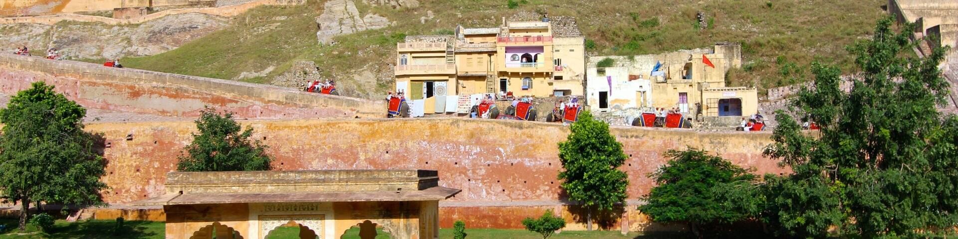 Amber Fort which includes a castle, heritage architecture and a garden