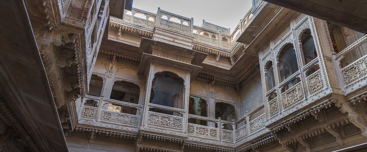 Jaisalmer, Rajasthan, India - 16 th October 2019 : Jharokhas of Patwon Ki Haveli, also known as the Mansion of Brocade Merchants. A cluster of five large havelis. Famous tourist spot.