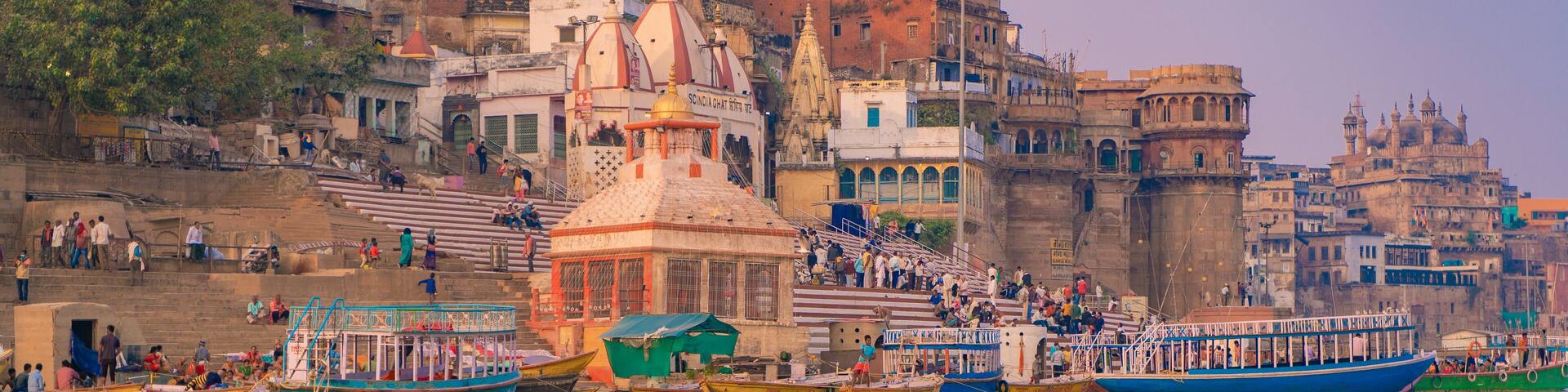 Ancient Varanasi city architecture at sunset