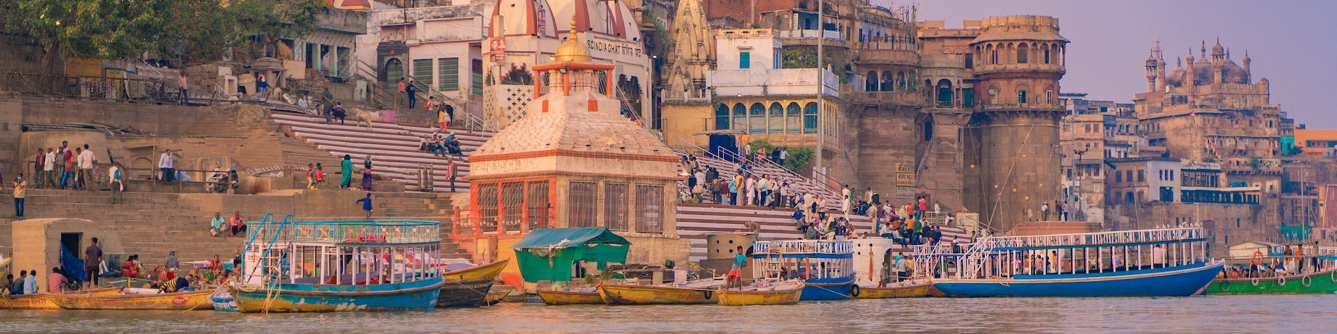 Ancient Varanasi city architecture at sunset