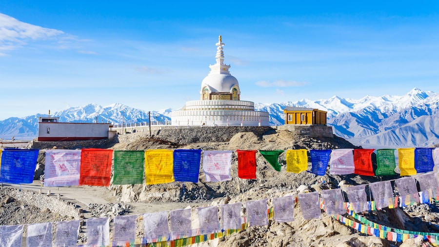 Shanti Stupa on a hilltop in Changpa, Leh district, Ladakh Region, Jammu and Kashmir State, northern India
