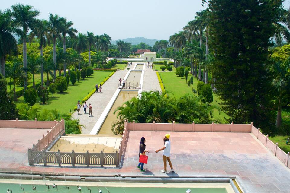 Un jardin aménagé avec une fontaine centrale, des palmiers et un bâtiment visible au loin.
