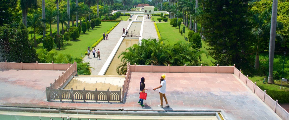 A landscaped garden with a central water feature, palm trees, and a distant building.