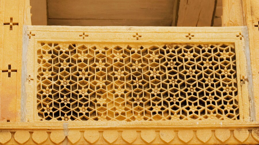 Low angle view of a balcony in the Rajmahal, Jaisalmer, Rajasthan, India