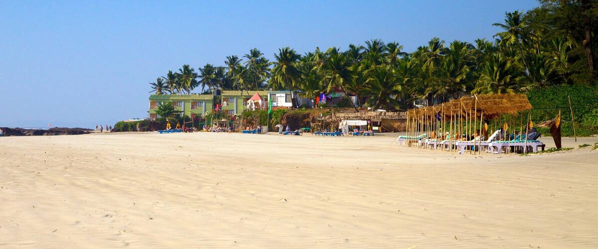 A sandy beach with palm trees and a building with multiple balconies.