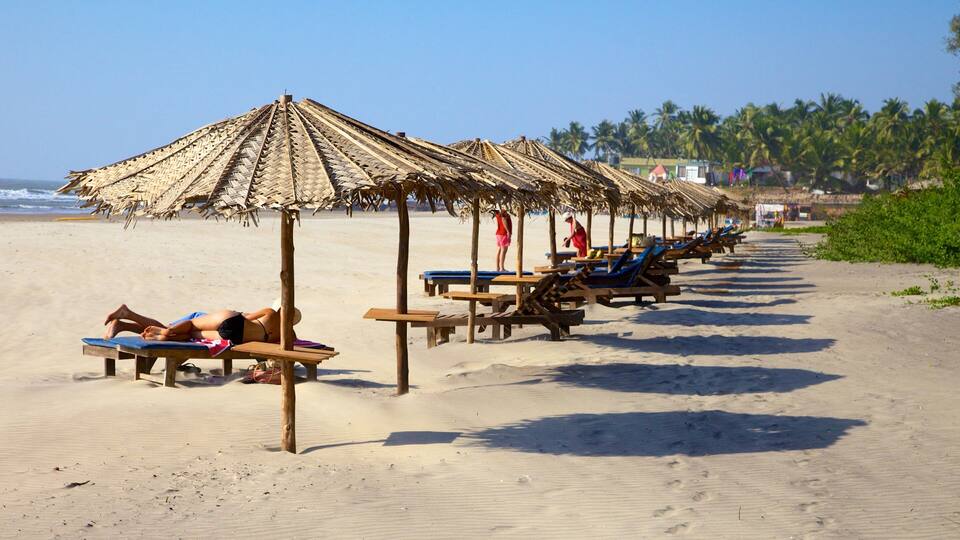 A beach with thatched umbrellas, wooden benches, and lounge chairs.