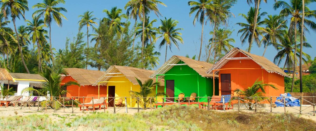 Colorful beach huts with palm trees in the background.