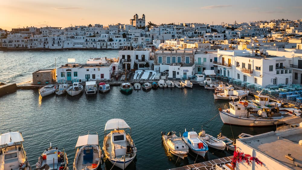 Aerial view of Naoussa harbor and old town, Paros, Greece
