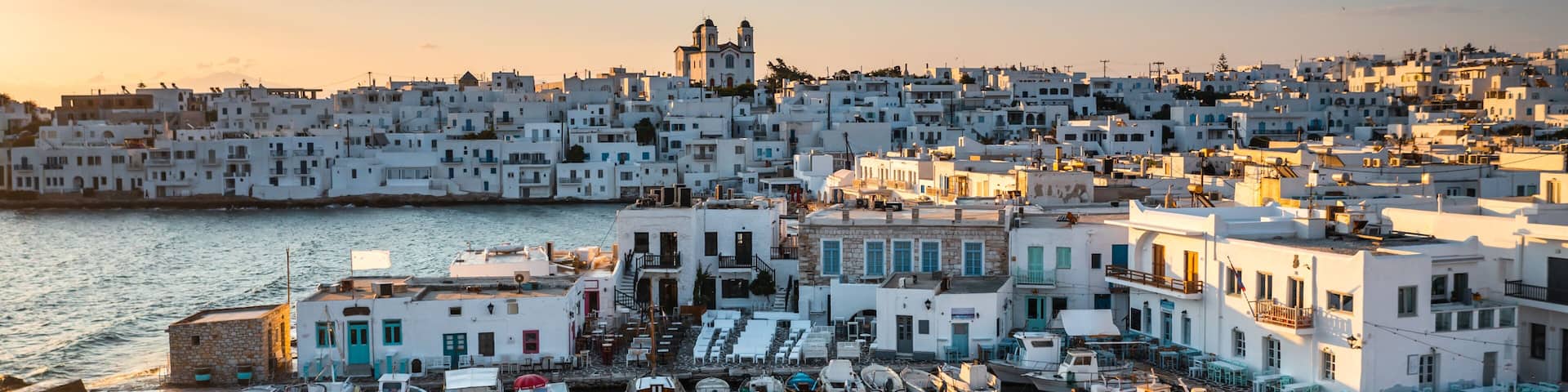Aerial view of Naoussa harbor and old town, Paros, Greece