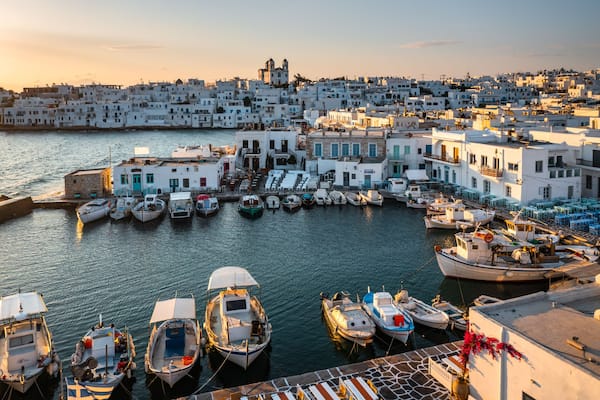 Aerial view of Naoussa harbor and old town, Paros, Greece