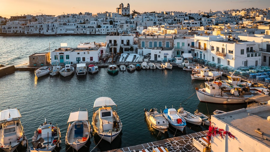 Aerial view of Naoussa harbor and old town, Paros, Greece